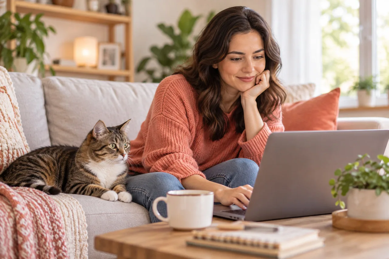 Owner looking at a laptop with a cat nearby